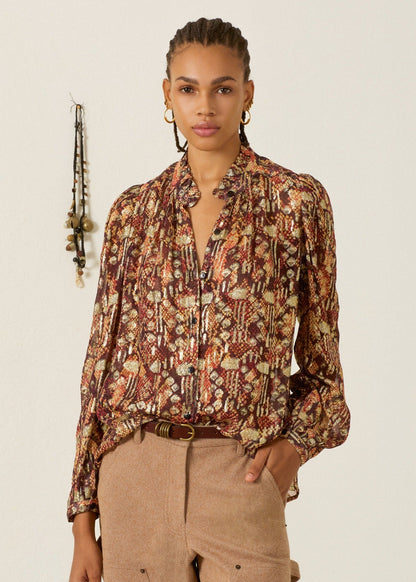 person wearing alix of bohemia Annabel Topaz Snakeskin Shirt