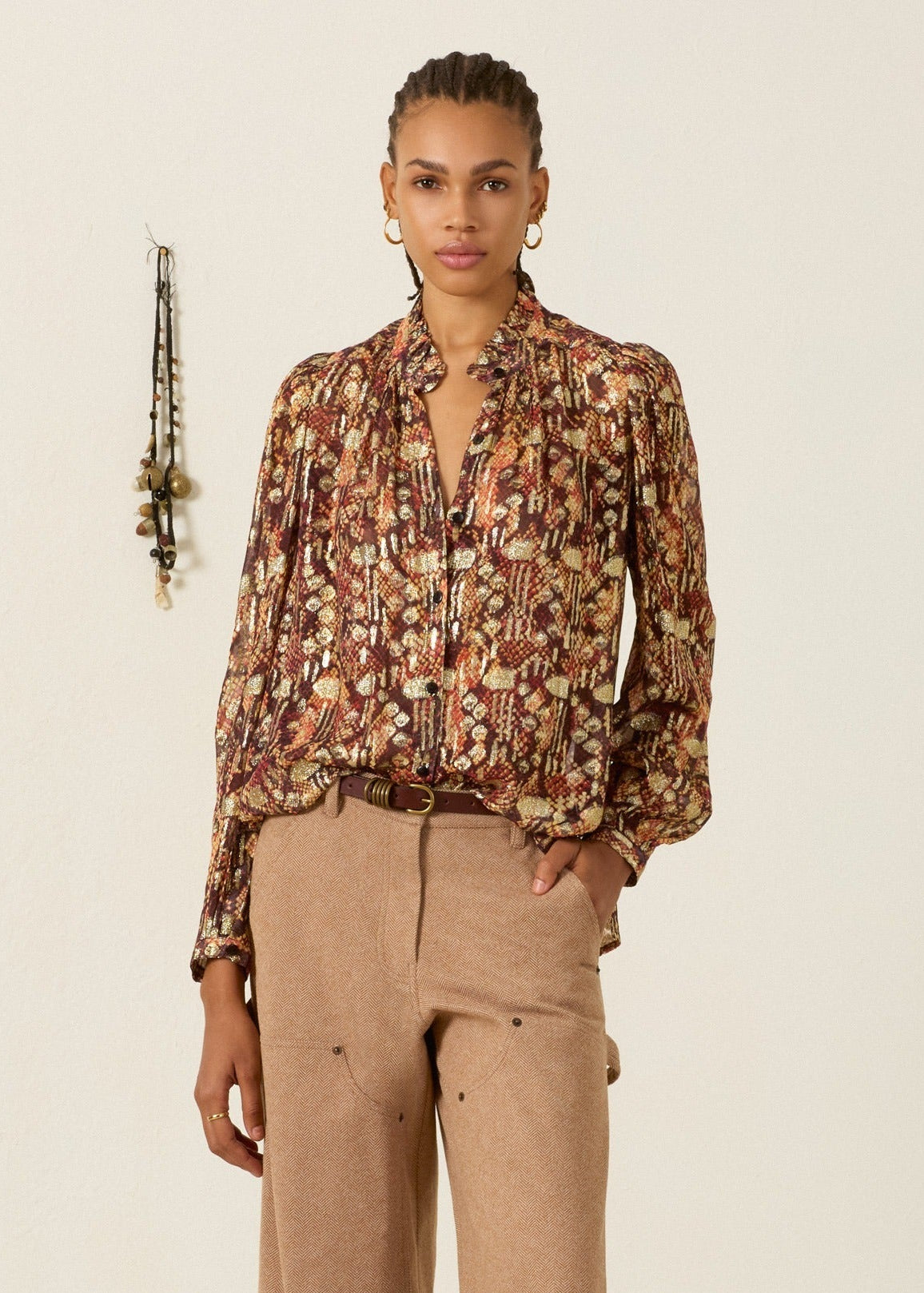 person wearing alix of bohemia Annabel Topaz Snakeskin Shirt