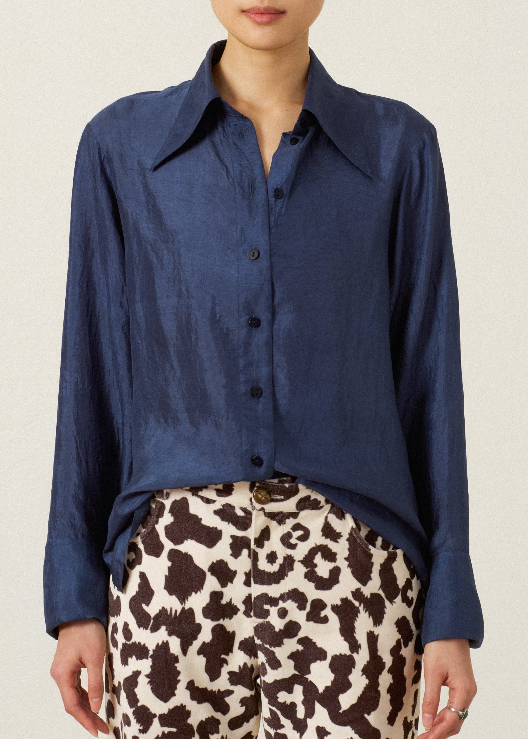 person wearing alix of bohemia Dana Indigo Night Silk Shirt