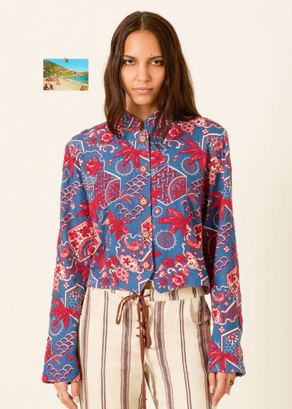 person wearing alix of bohemia blue printed Clarke Delft Hive Jacket