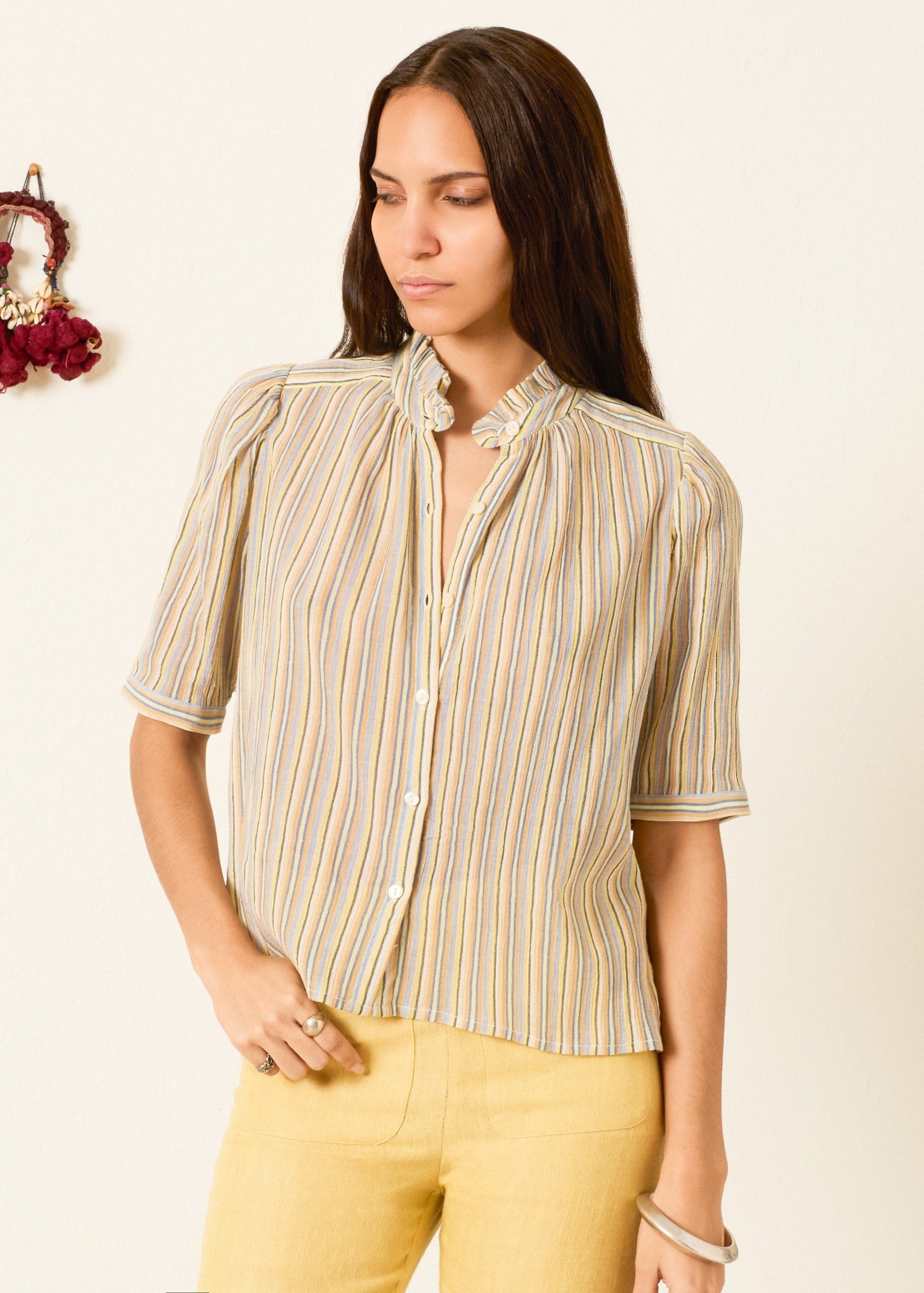 person wearing alix of bohemia multicolor Winn Sandlilt Stripe Shirt