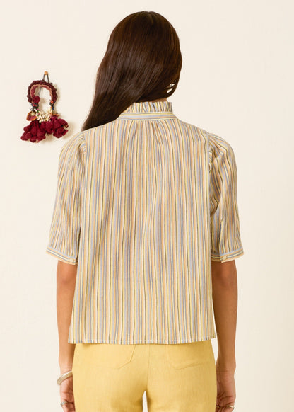 person wearing alix of bohemia multicolor Winn Sandlilt Stripe Shirt