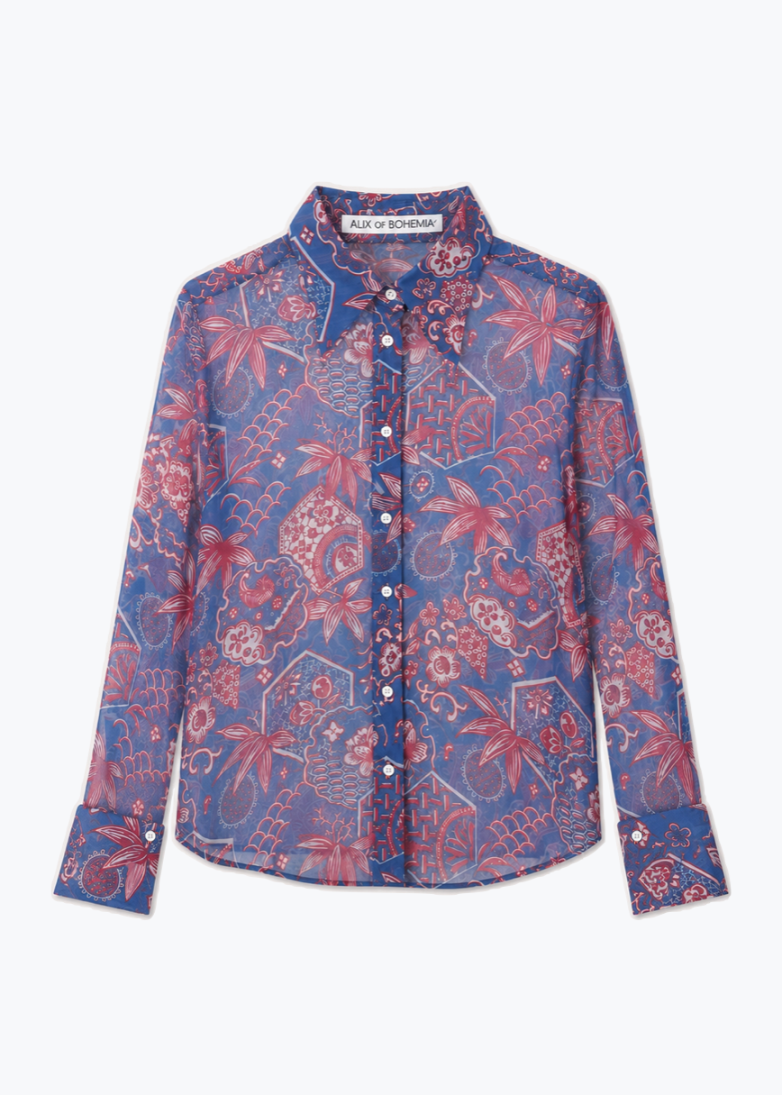 alix of bohemia printed blue Dana Delft Hive Shirt