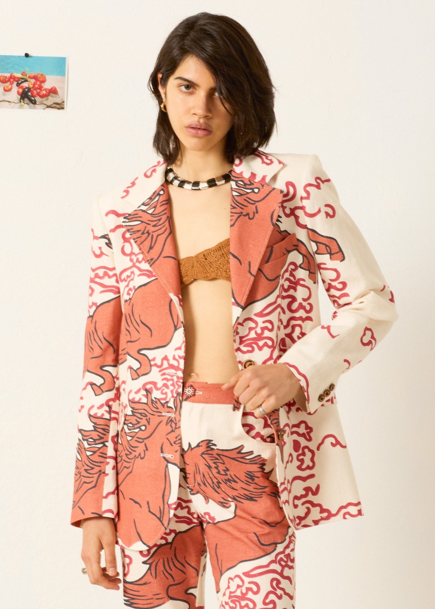 person wearing alix of bohemia womens Afternoon Rouge Pegasus Blazer