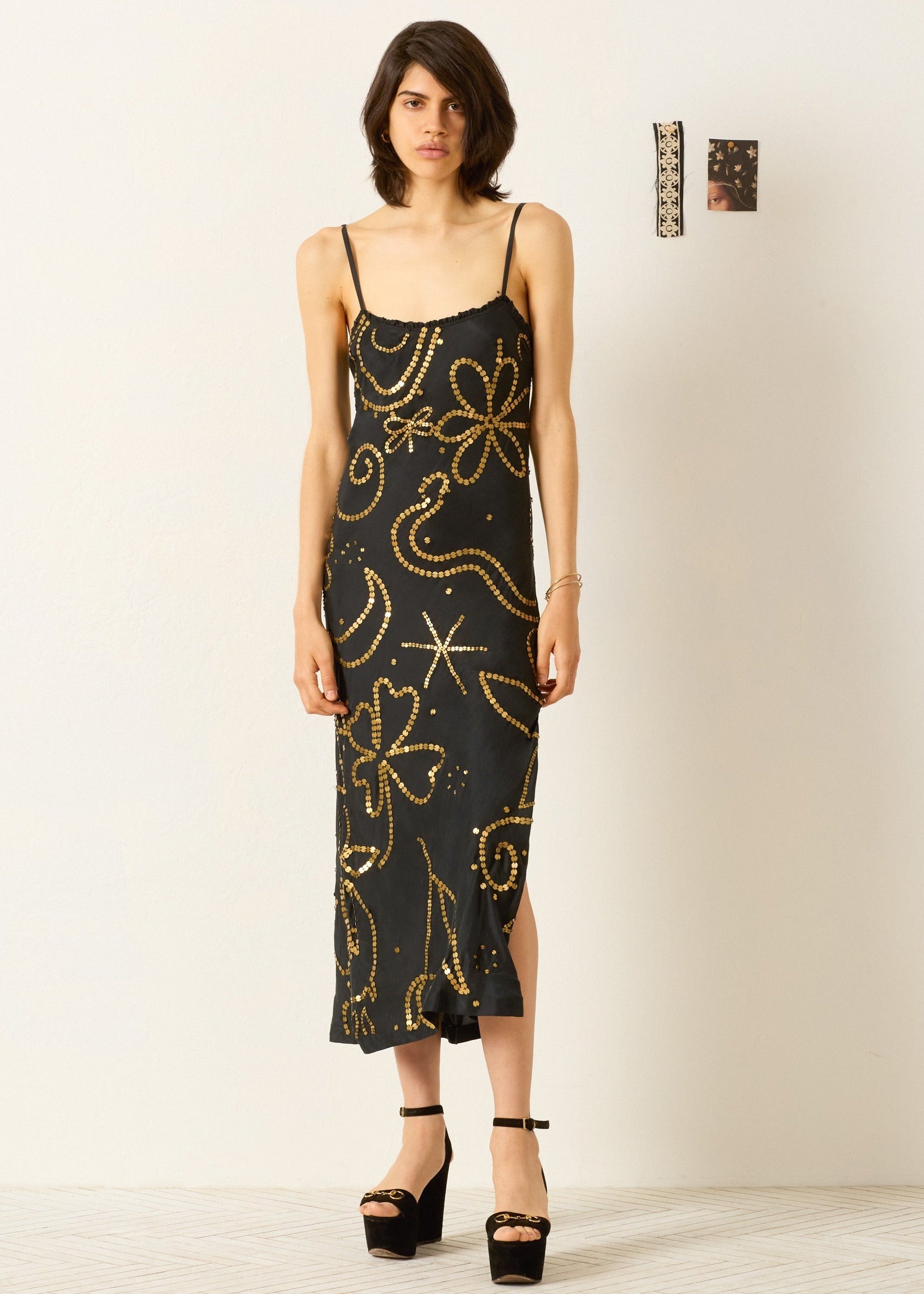 person wearing alix of bohemia womens Athens Jet Coin Silk Dress