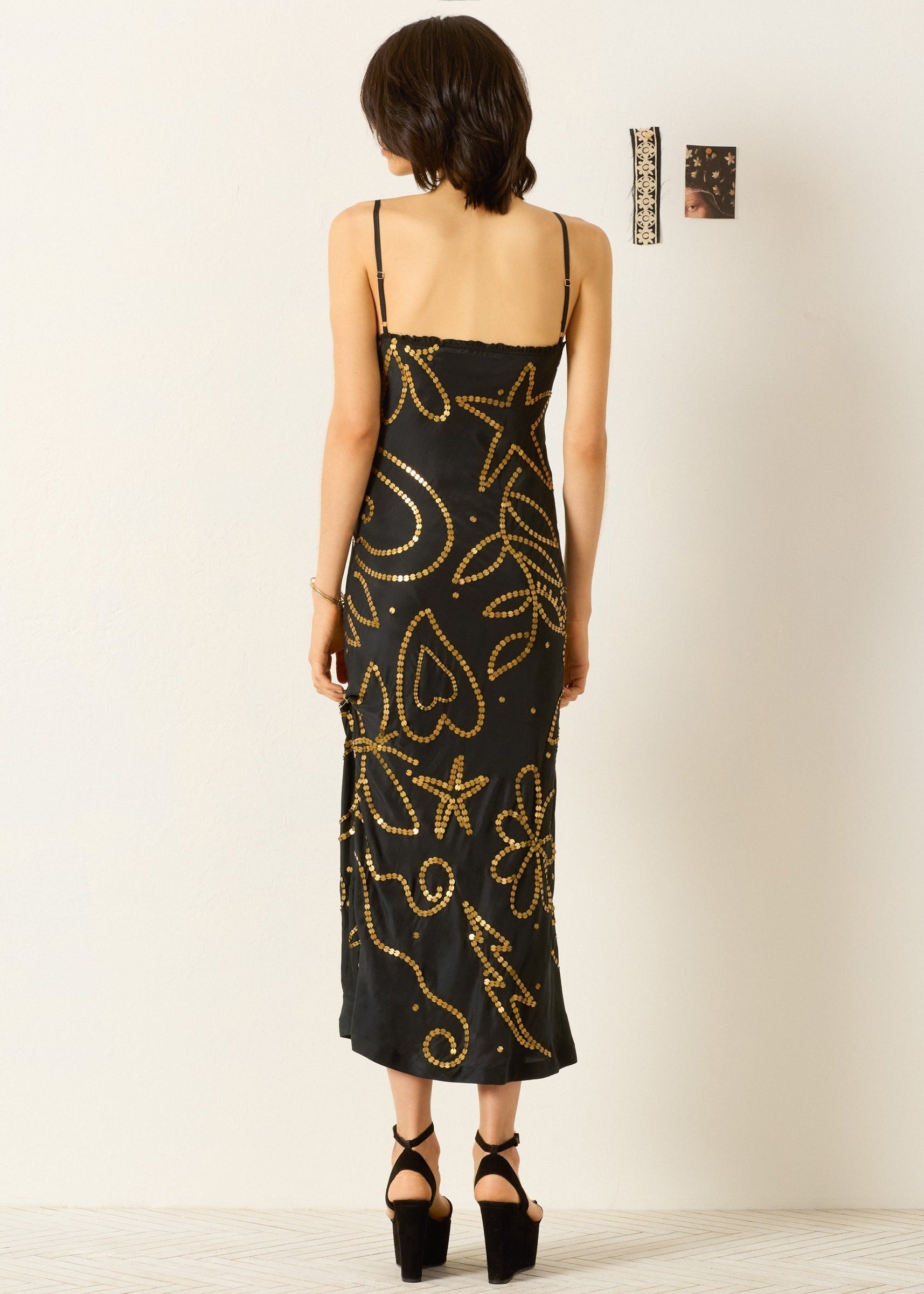 person wearing alix of bohemia womens Athens Jet Coin Silk Dress