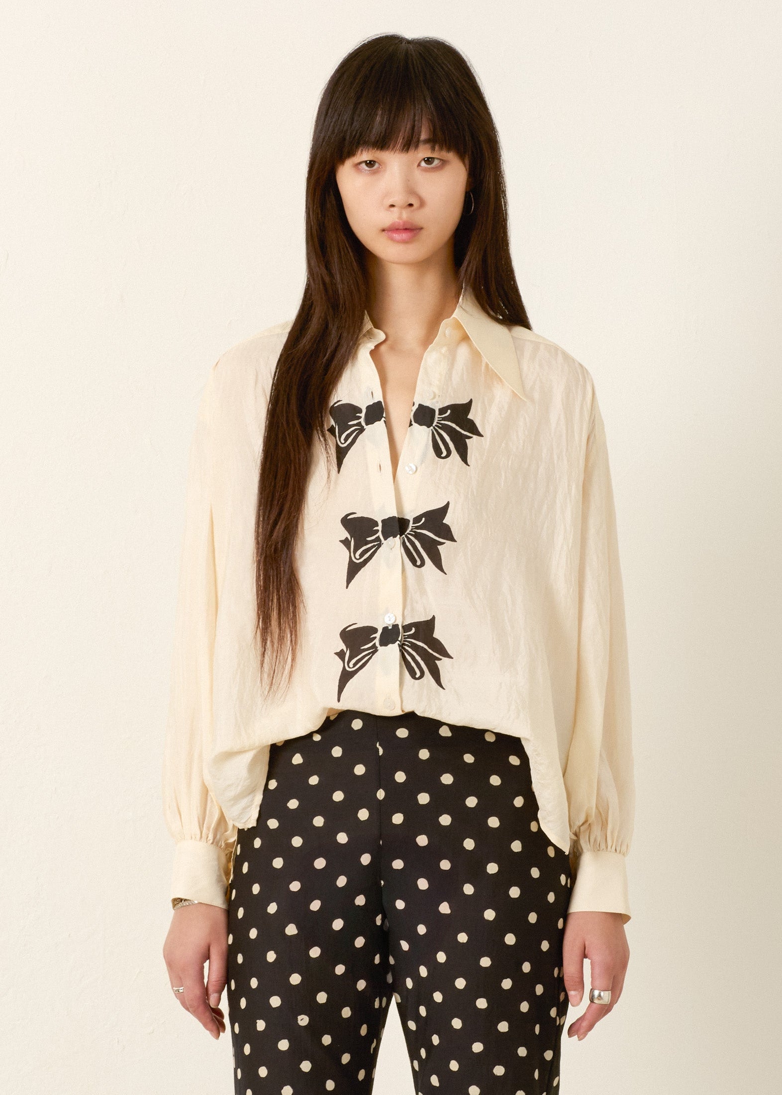 person wearing alix of bohemia womens Emery Black Tie Silk Shirt