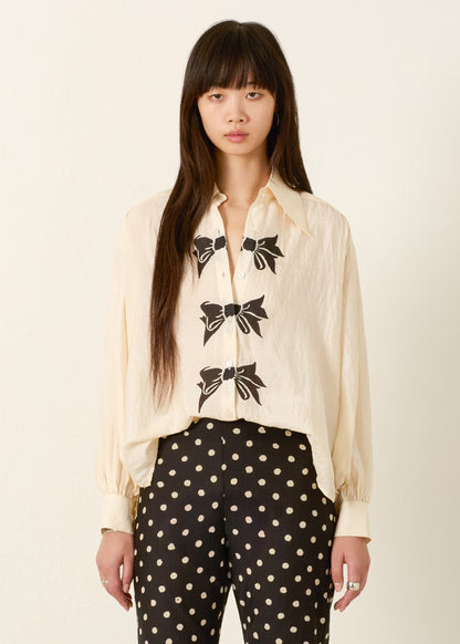 person wearing alix of bohemia womens Emery Black Tie Silk Shirt