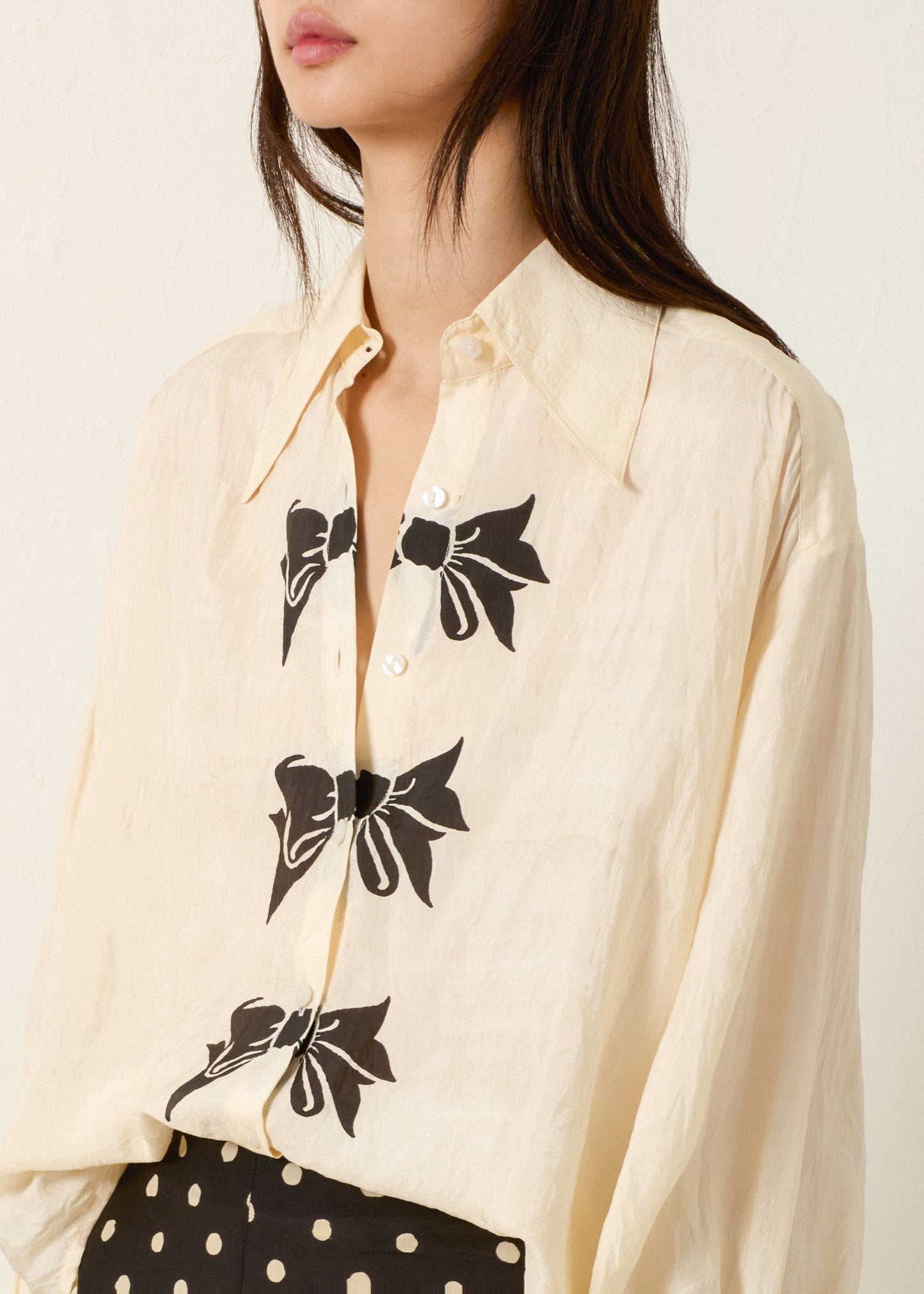 person wearing alix of bohemia womens Emery Black Tie Silk Shirt