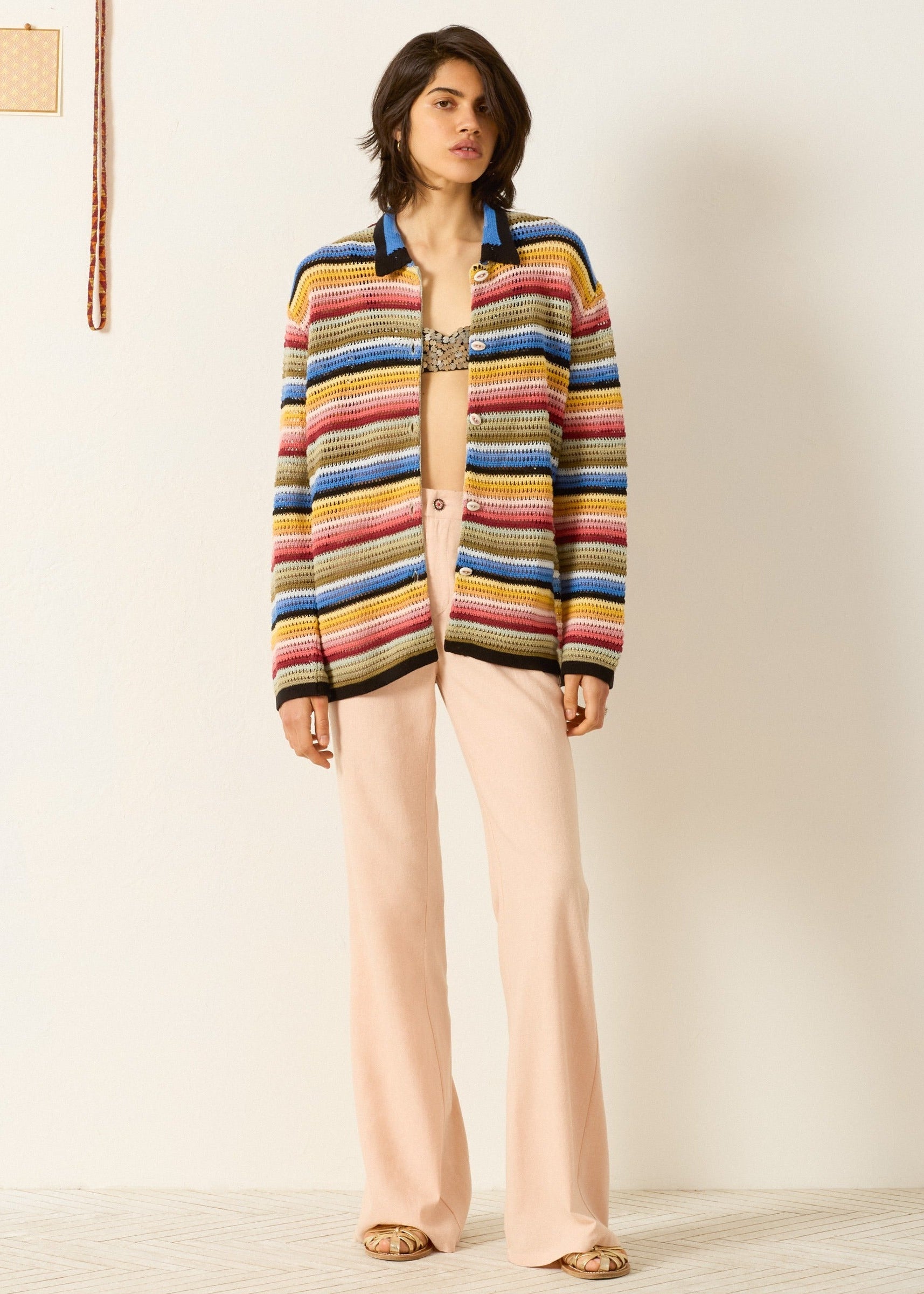 person wearing alix of bohemia womens Emery Ombre Crochet Top multicolor