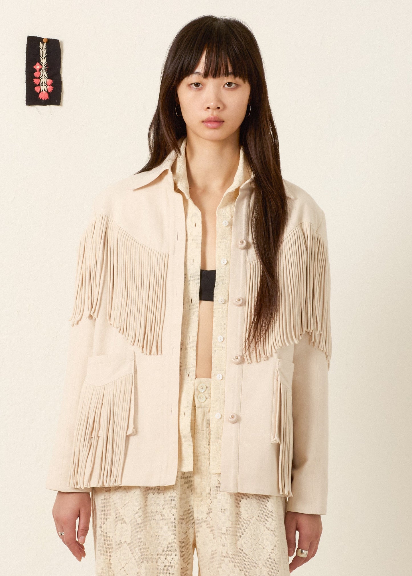 person wearing alix of bohemia womens Jude Dune Fringe Jacket