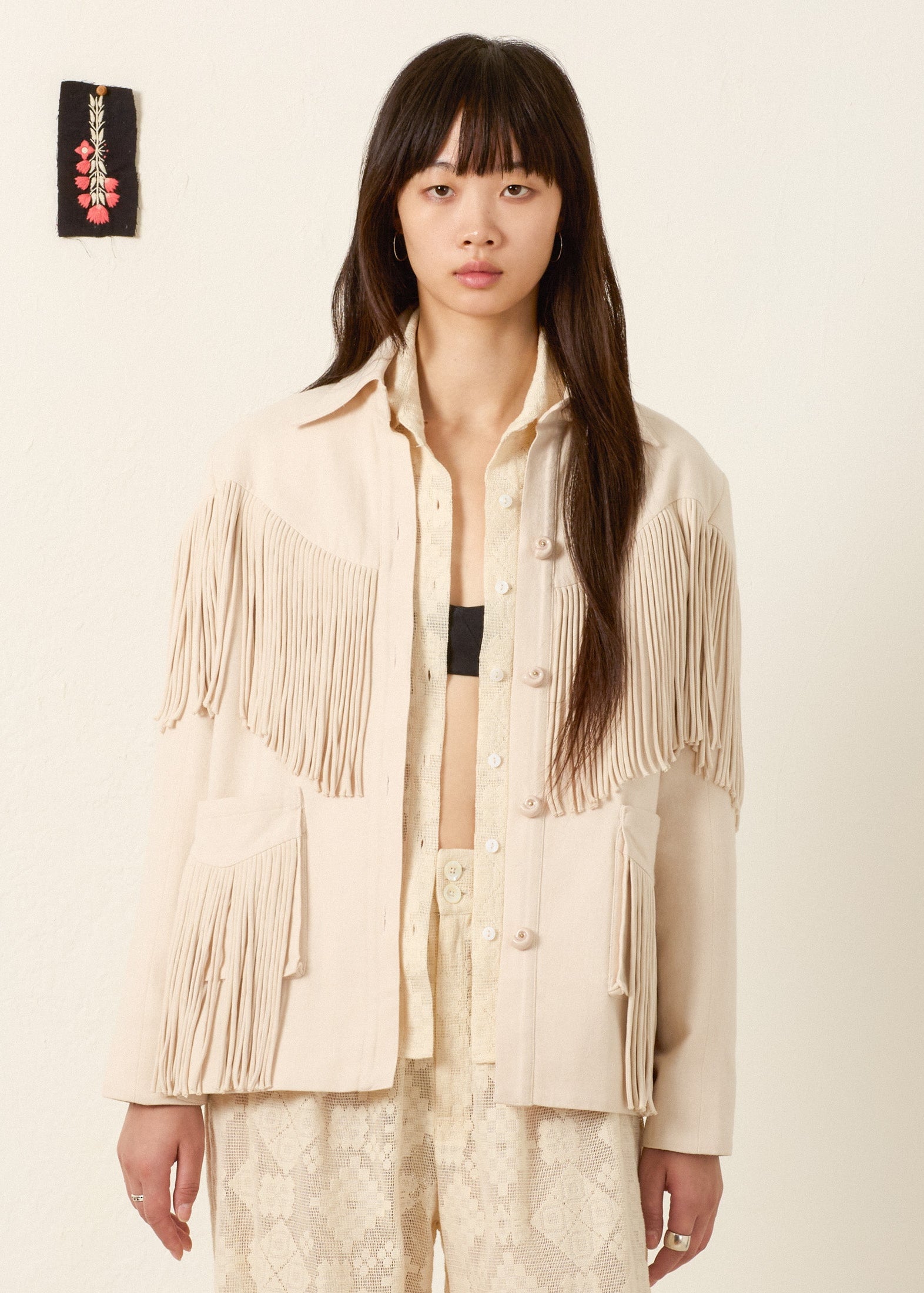 person wearing alix of bohemia womens Jude Dune Fringe Jacket
