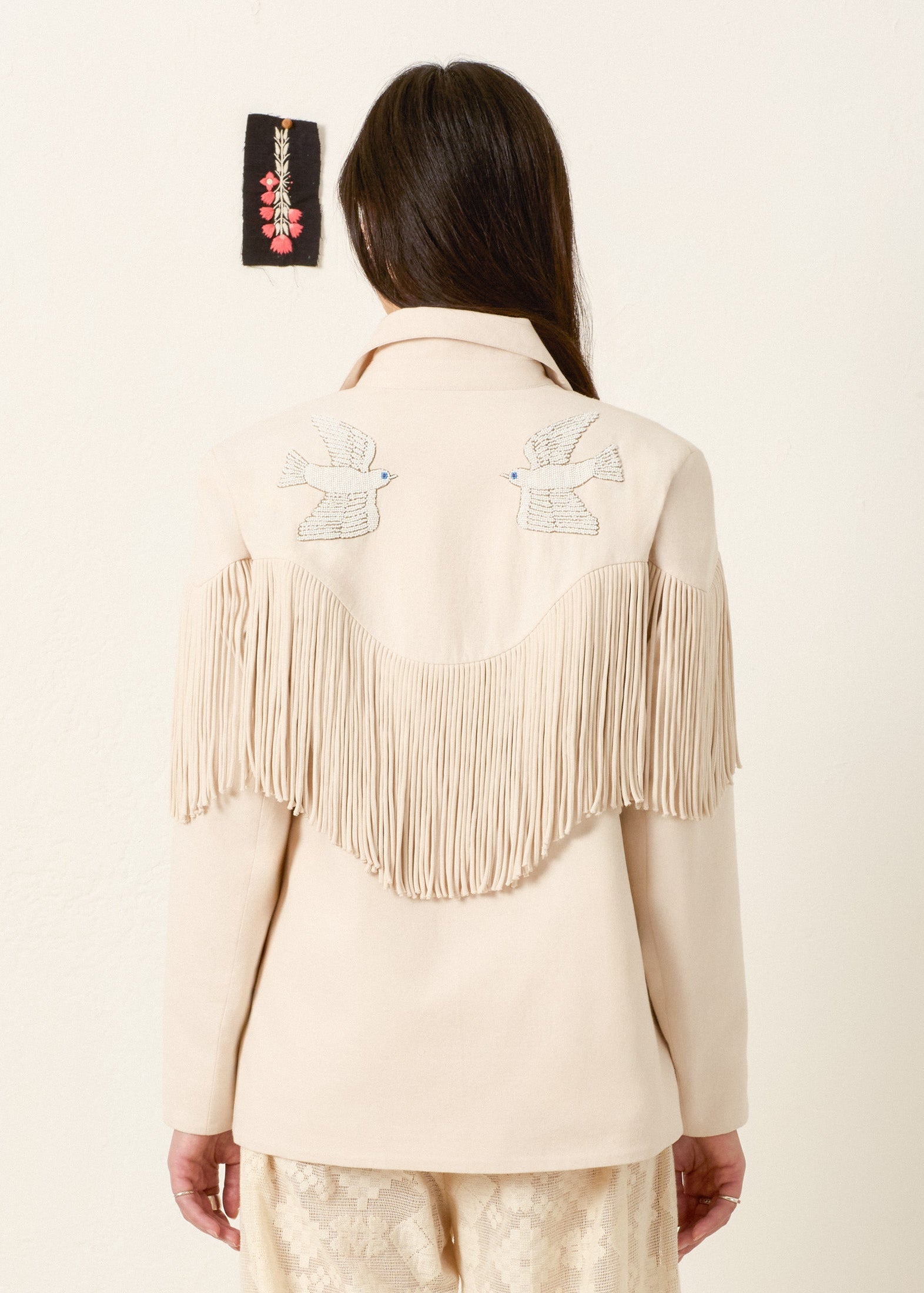 person wearing alix of bohemia womens Jude Dune Fringe Jacket