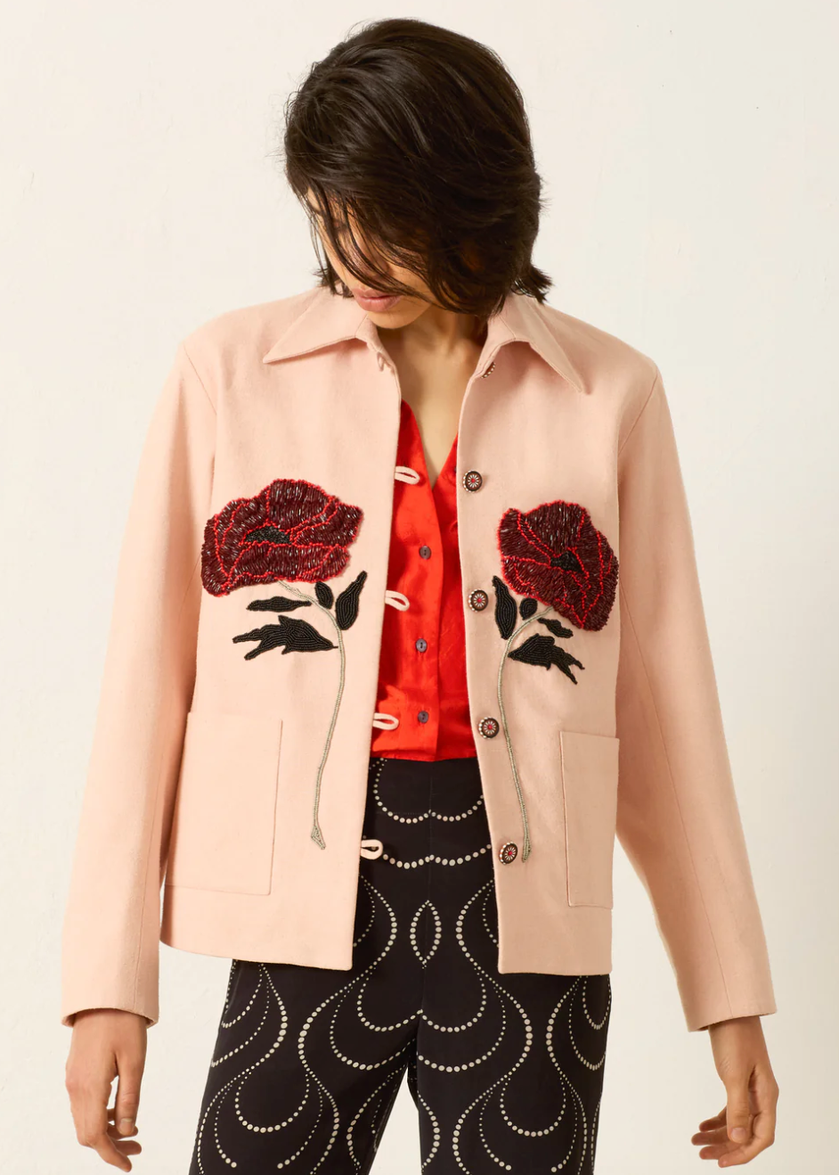 person wearing alix of bohemia womens Jude Ruby Poppy Jacket