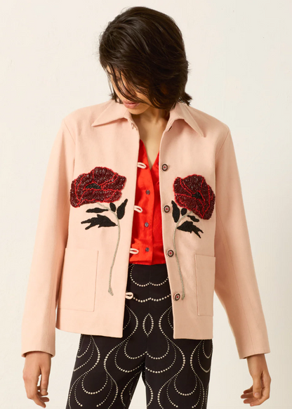person wearing alix of bohemia womens Jude Ruby Poppy Jacket