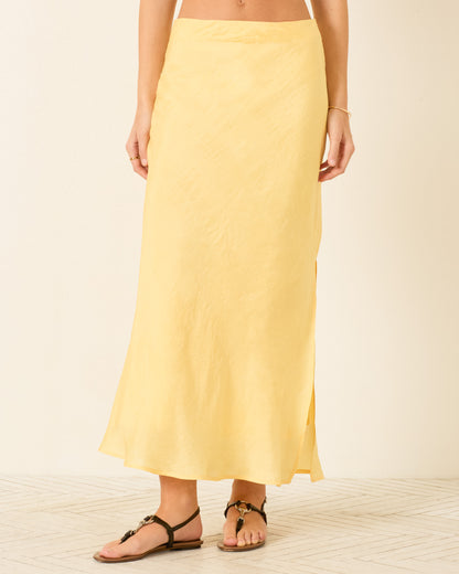 person wearing alix of bohemia womens Lyra Sunlight Silk Skirt yellow 