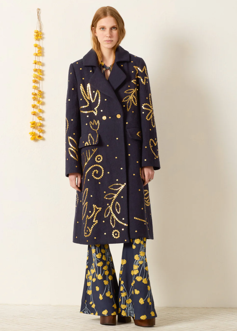 person wearing alix of bohemia womens Petunia Midnight Coin Coat