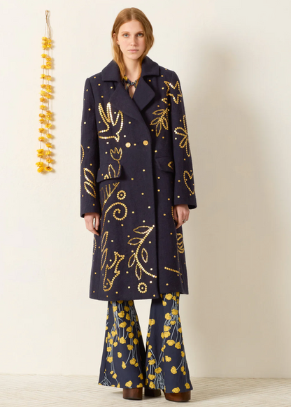 person wearing alix of bohemia womens Petunia Midnight Coin Coat
