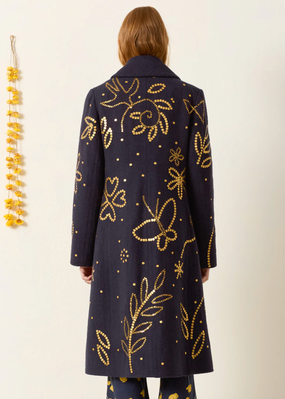 person wearing alix of bohemia womens Petunia Midnight Coin Coat