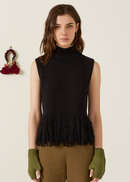 person wearing alix of bohemia womens Sonia Onyx Fringe Top in Black