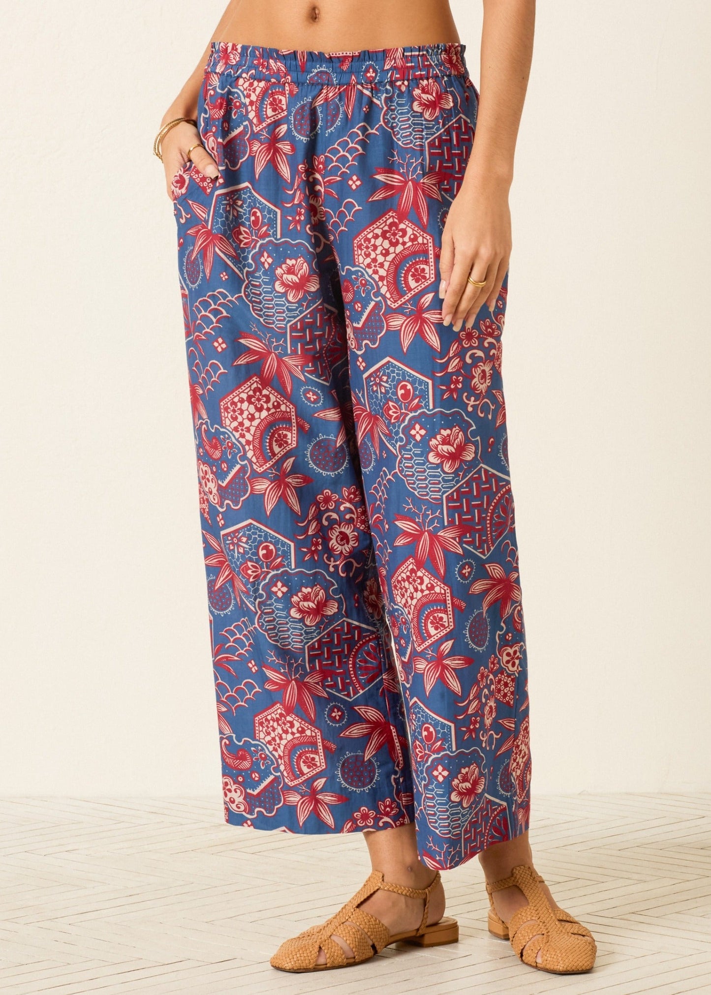 person wearing alix of bohemia womens cotton silk printed Otto Delft Hive Pant
