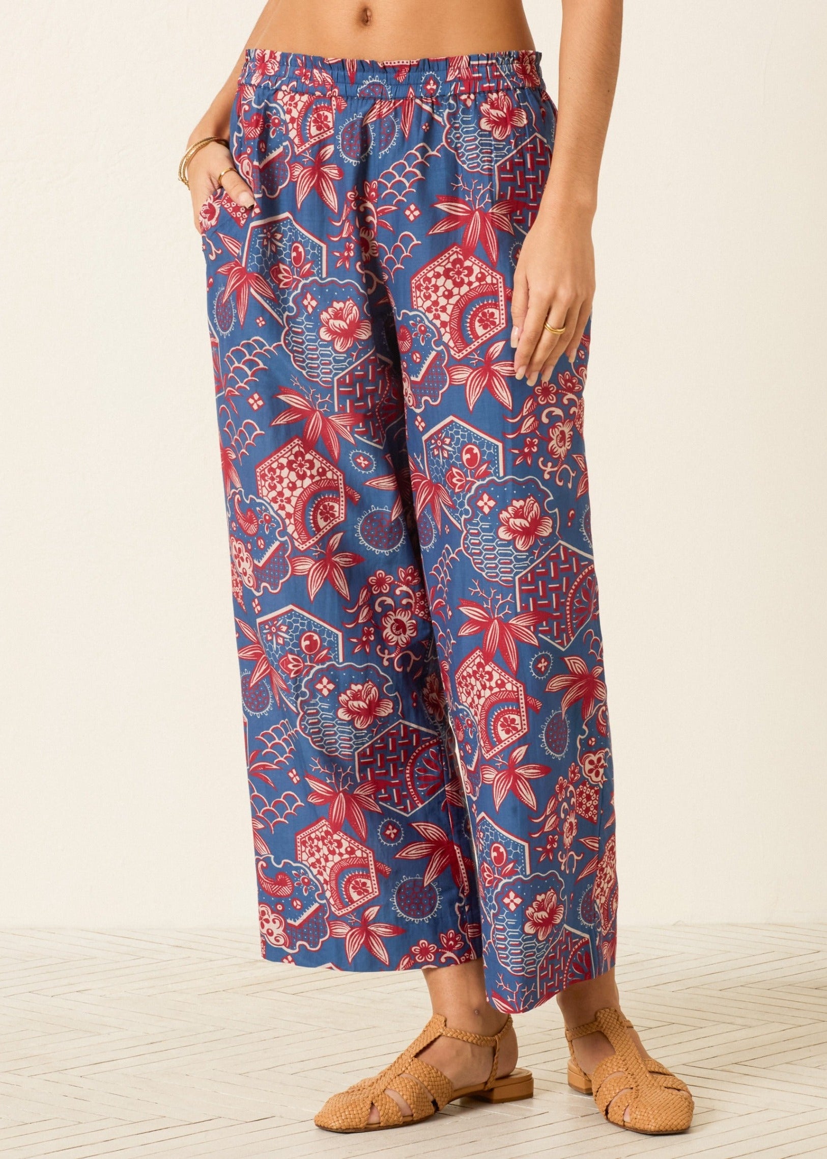 person wearing alix of bohemia womens cotton silk printed Otto Delft Hive Pant