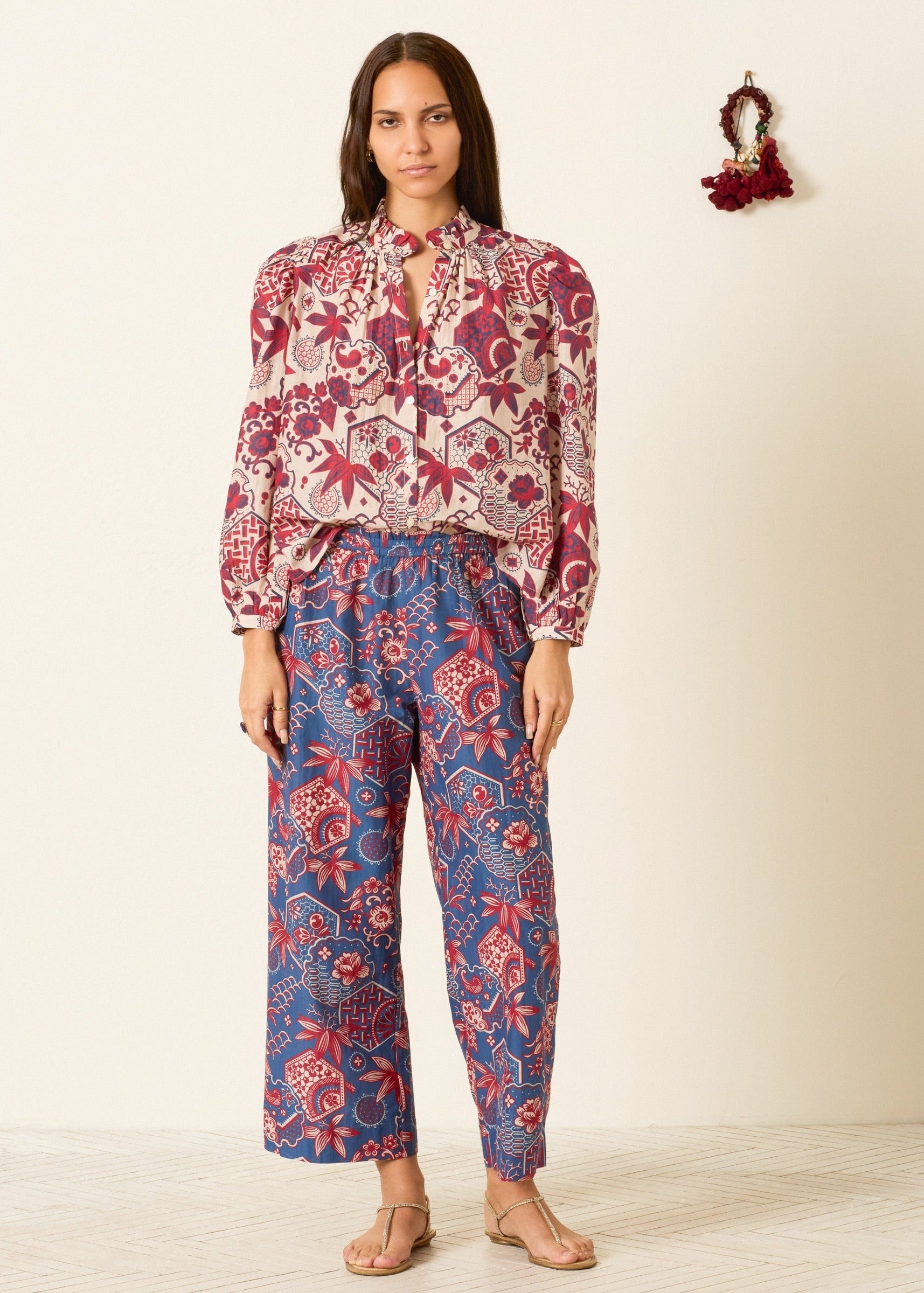 person wearing alix of bohemia womens cotton silk printed Otto Delft Hive Pant