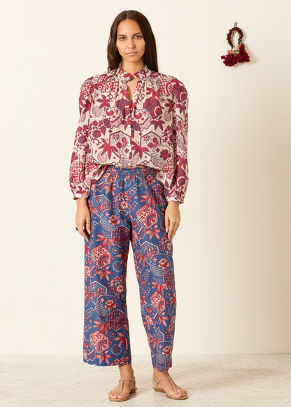 person wearing alix of bohemia womens cotton silk printed Otto Delft Hive Pant