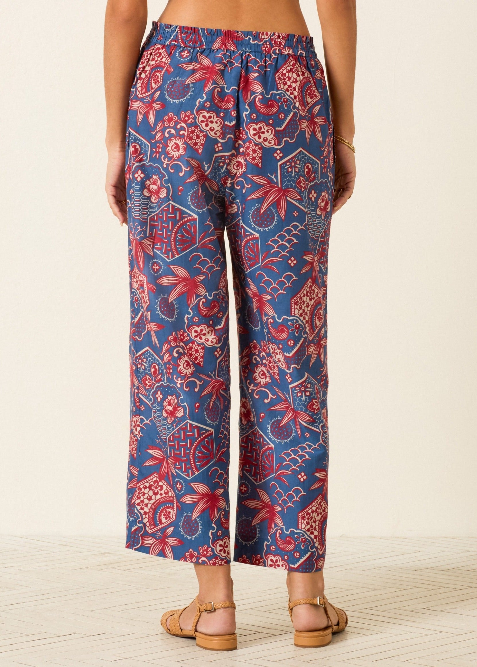 person wearing alix of bohemia womens cotton silk printed Otto Delft Hive Pant