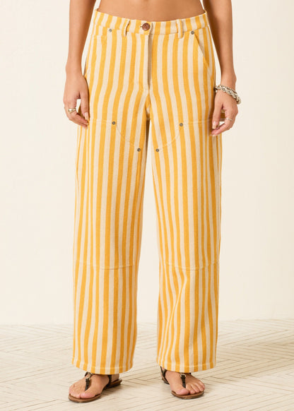 person wearing alix of bohemia womens embroidered Scottie Sunlight yellow Stripe painter carpenter Pant