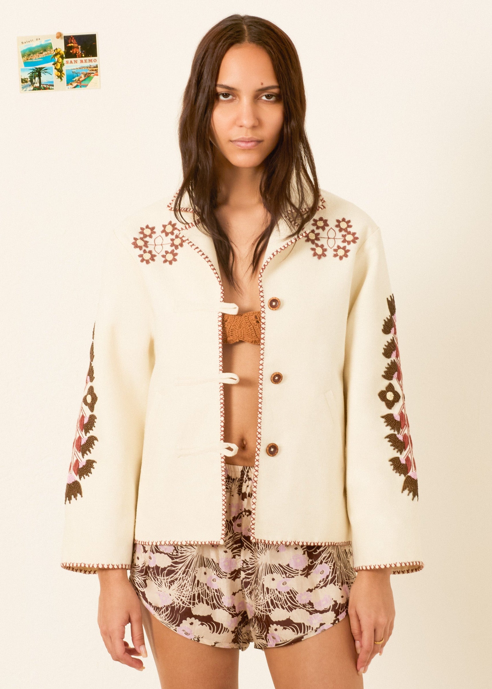 person wearing alix of bohemia womens embroidered Western Cactus Silk Jacket