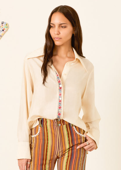 person wearing alix of bohemia womens floral printed Dana Roseband Silk Shirt