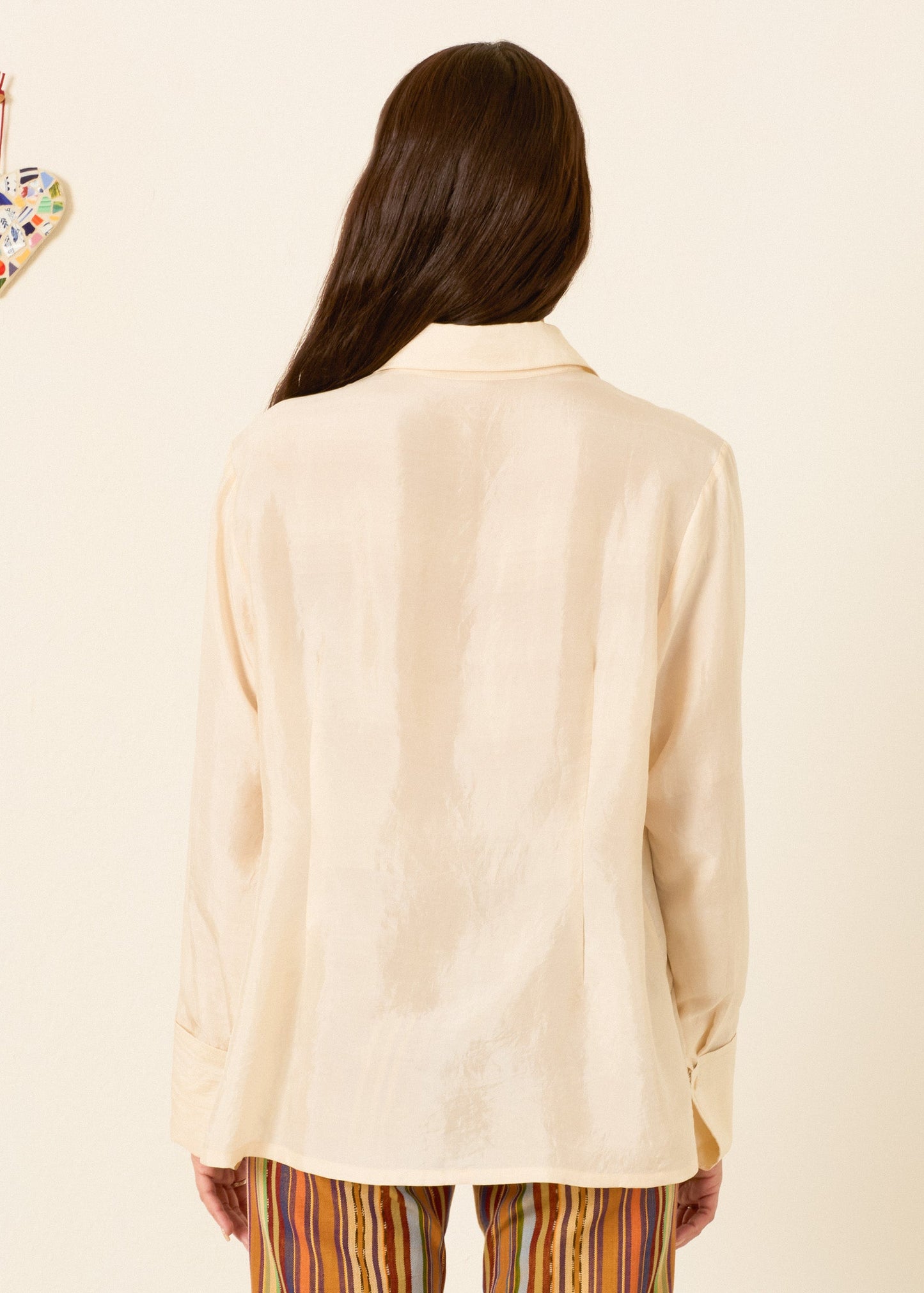 person wearing alix of bohemia womens floral printed Dana Roseband Silk Shirt