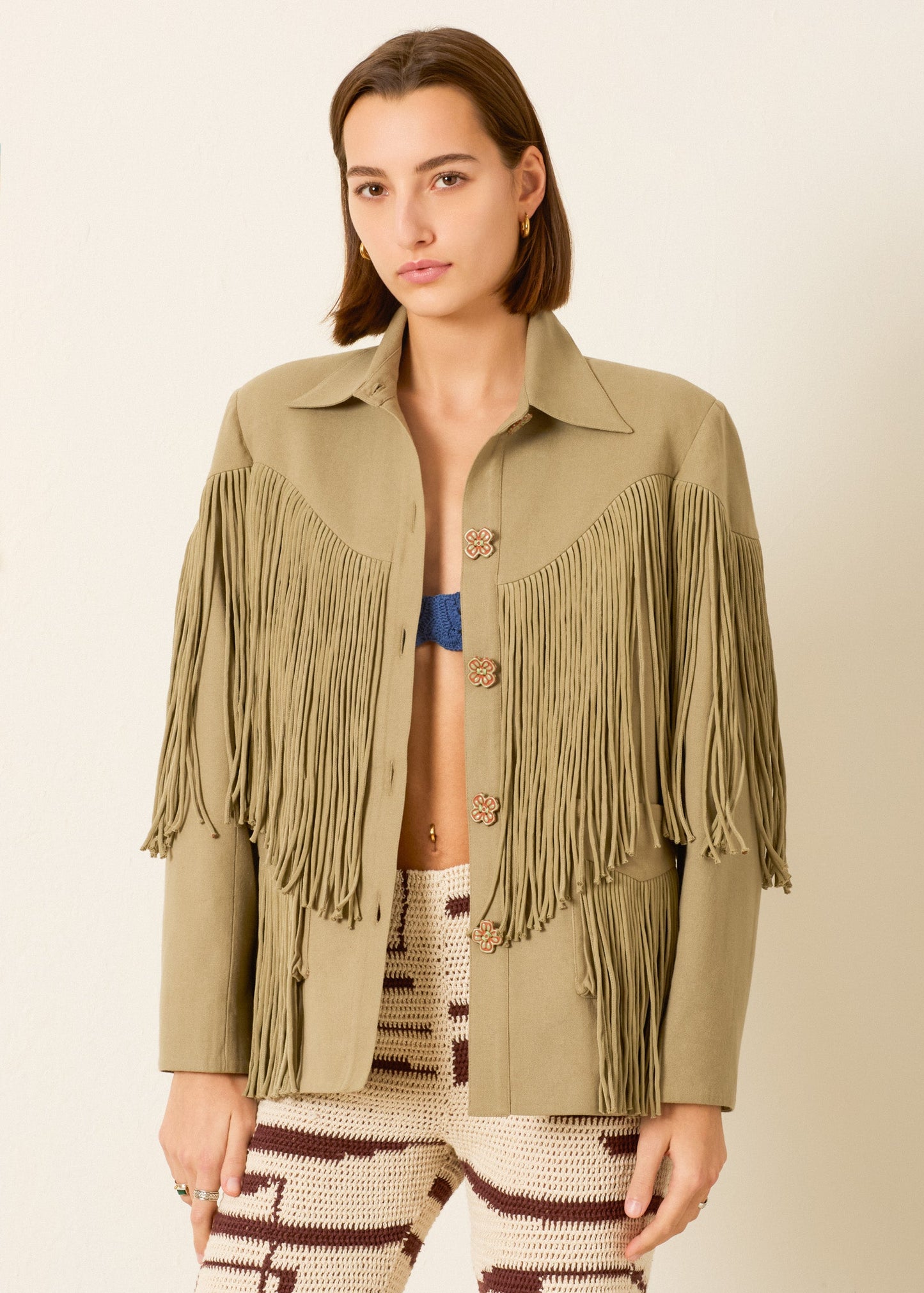alix of bohemia womens light green Jude Moss Fringe Jacket