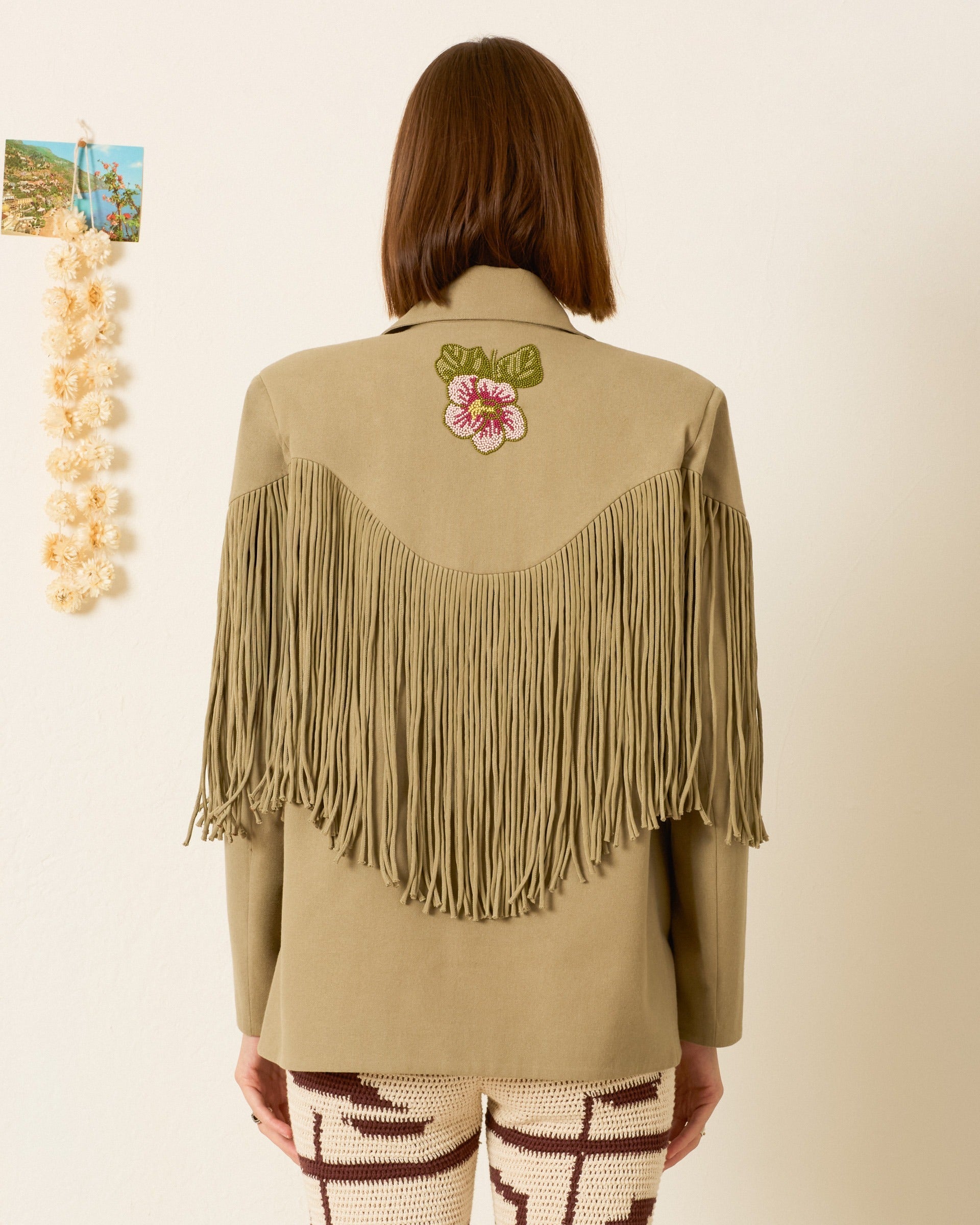 person wearing alix of bohemia womens light green Jude Moss Fringe Jacket