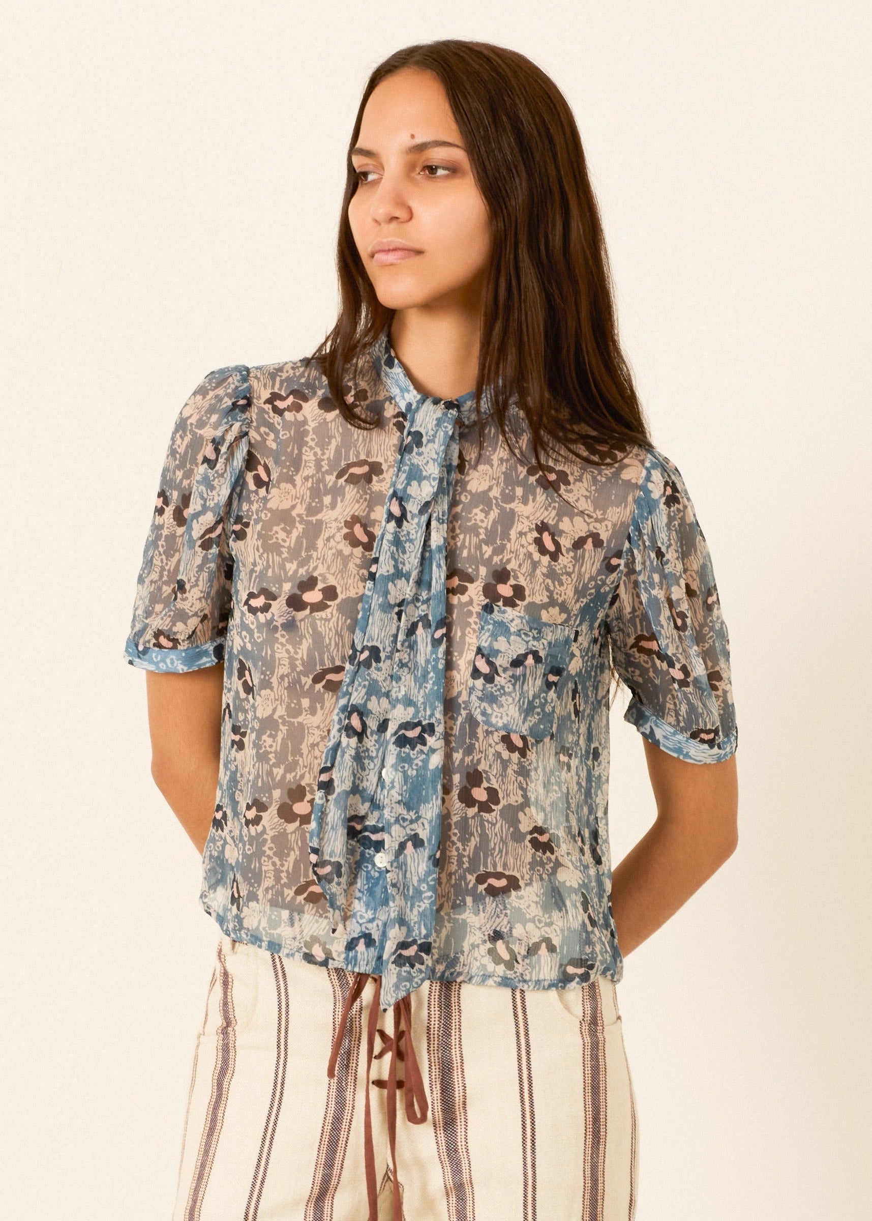 person wearing alix of bohemia womens printed Chance Water Flower Shirt