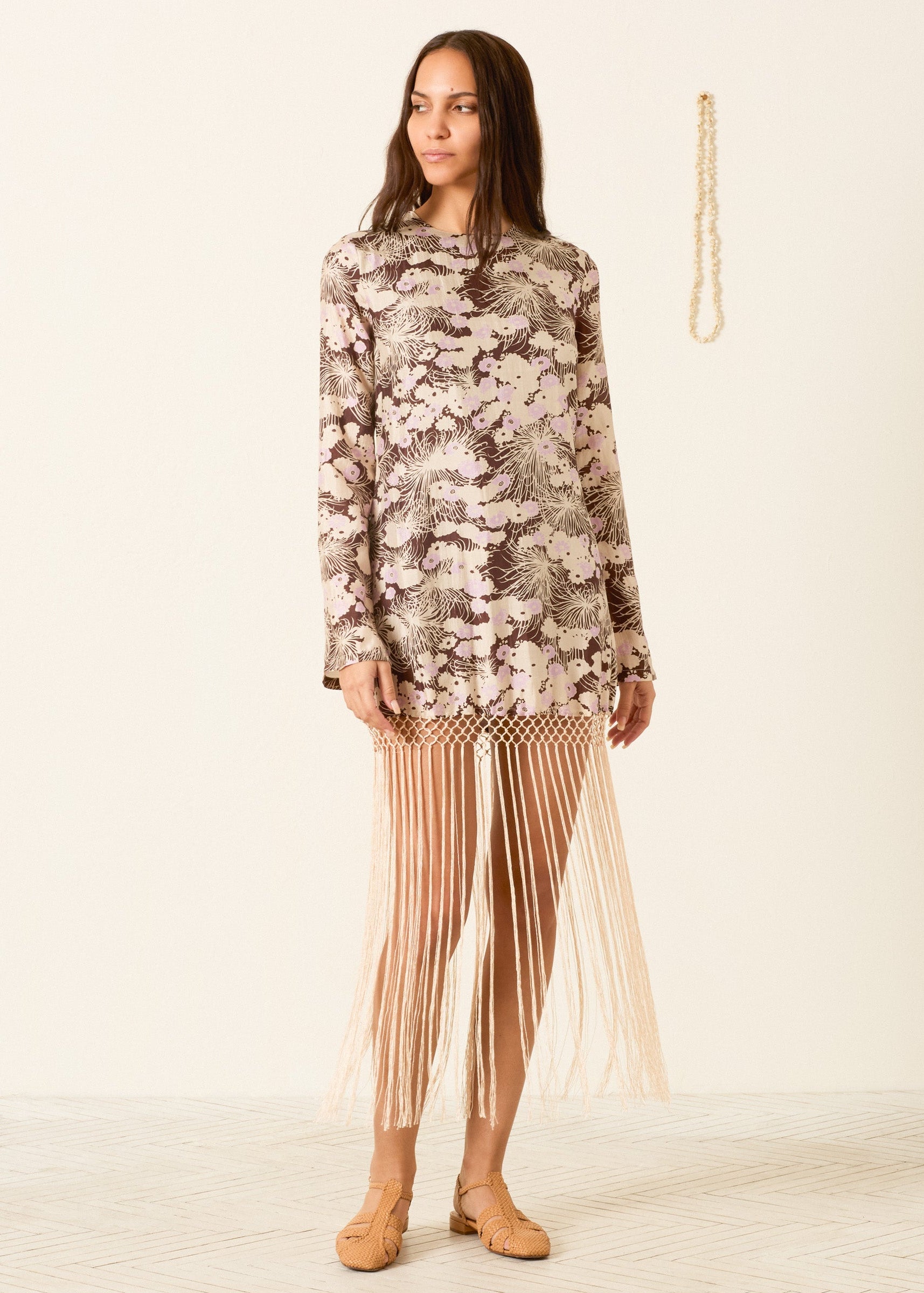 person wearing alix of bohemia womens printed Narene Dandelion Silk Dress