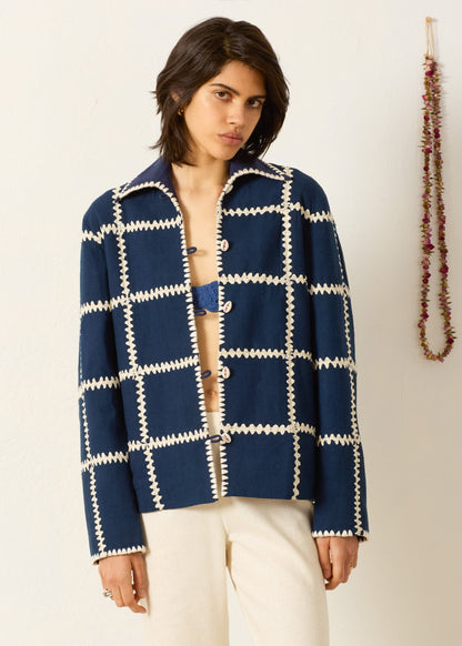 person wearing alix of bohemia womens silk Jude Midnight Panel Jacket