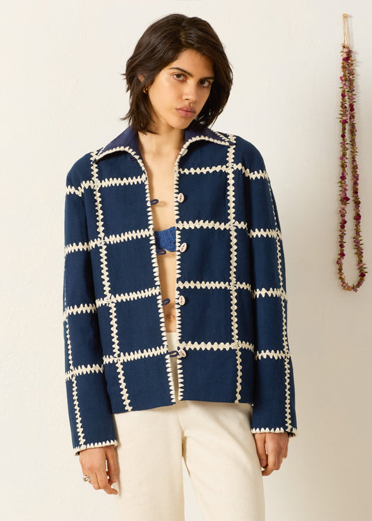 person wearing alix of bohemia womens silk Jude Midnight Panel Jacket