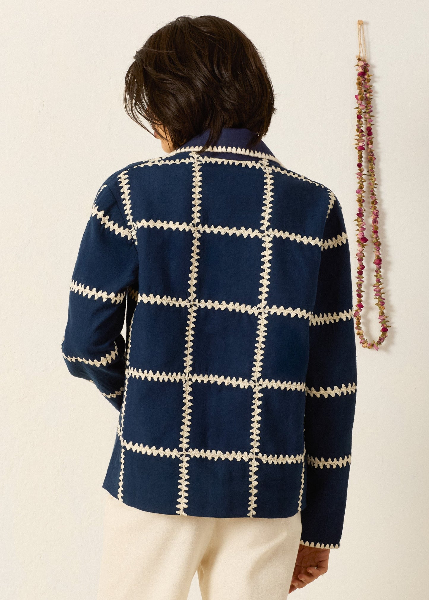 person wearing alix of bohemia womens silk Jude Midnight Panel Jacket