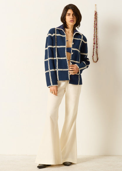 person wearing alix of bohemia womens silk Jude Midnight Panel Jacket