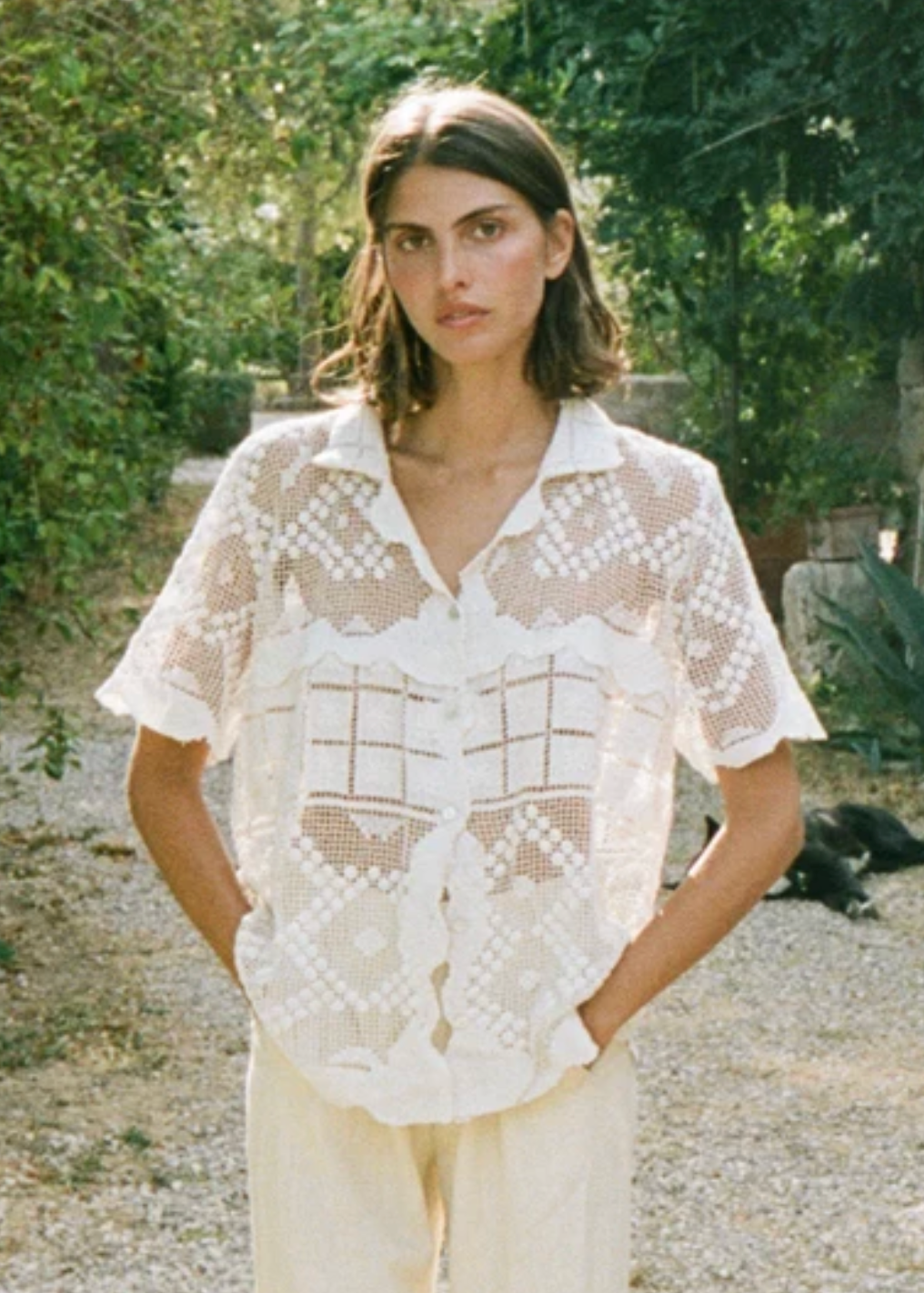 person wearing all that remains ivory cotton lace Leaha Shirt