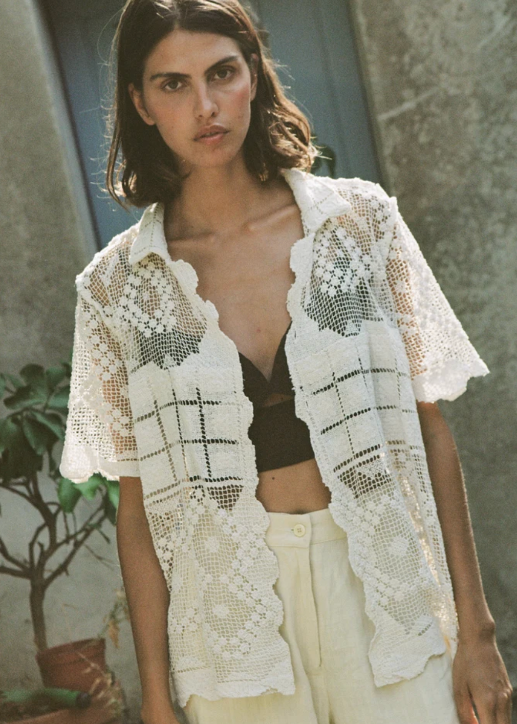 person wearing all that remains ivory cotton lace Leaha Shirt