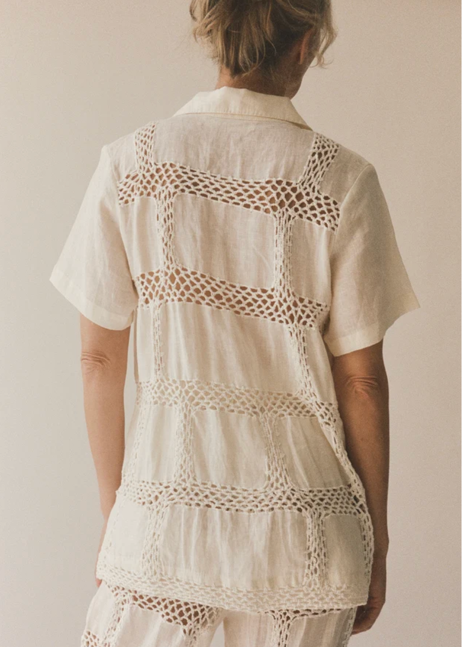 person wearing all that remains womens Beatrice Linen Patchwork Top