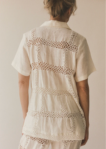 person wearing all that remains womens Beatrice Linen Patchwork Top