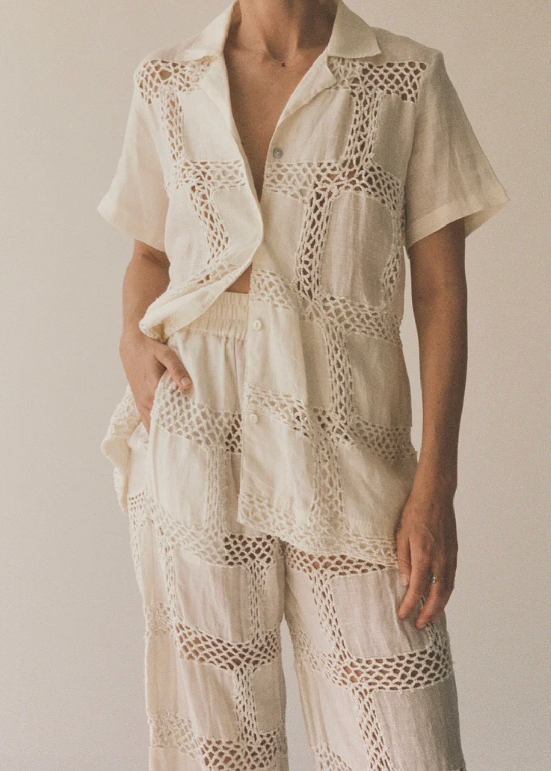 person wearing all that remains womens Beatrice Pant cotton linen crochet ivory
