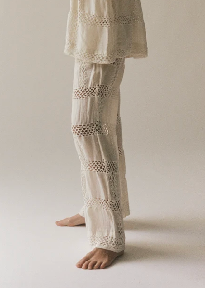 person wearing all that remains womens Beatrice Pant cotton linen crochet ivory