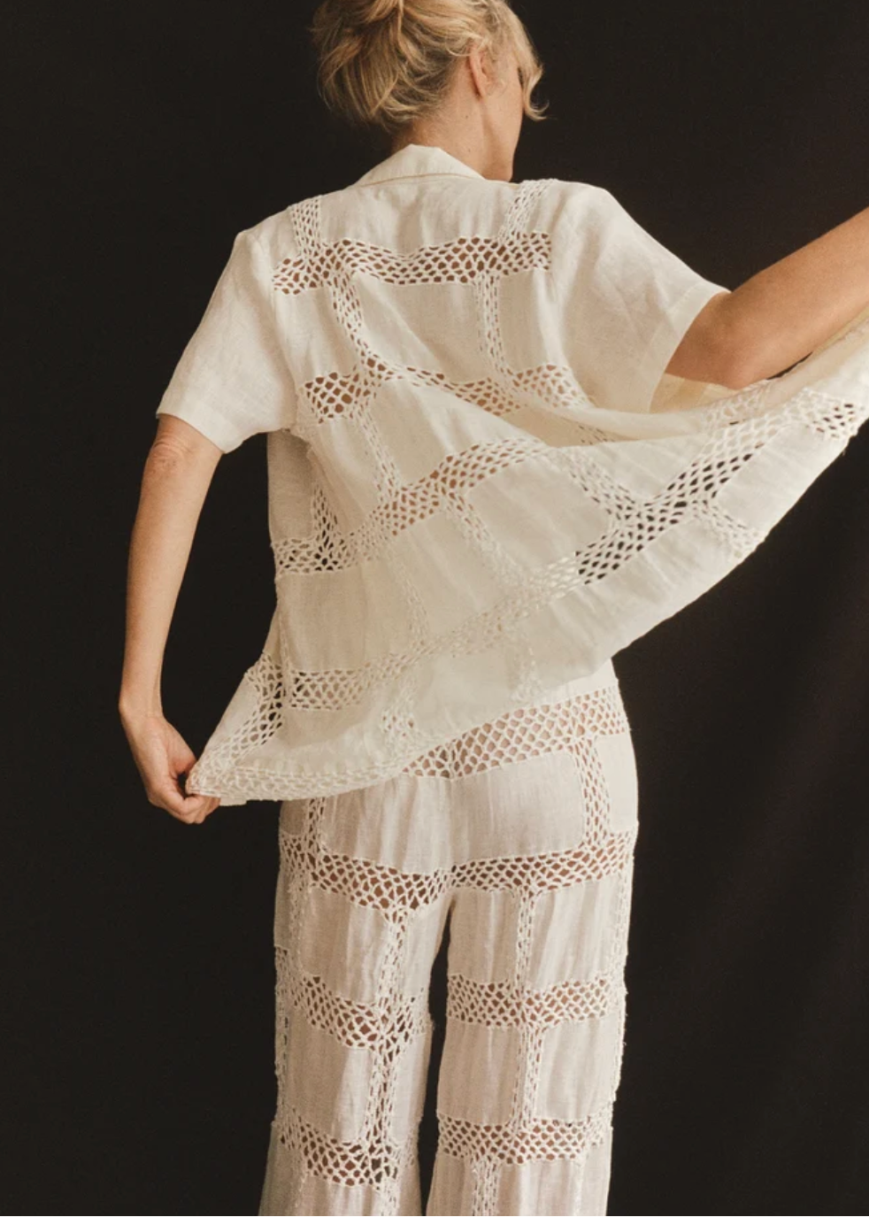 person wearing all that remains womens Beatrice Pant cotton linen crochet ivory
