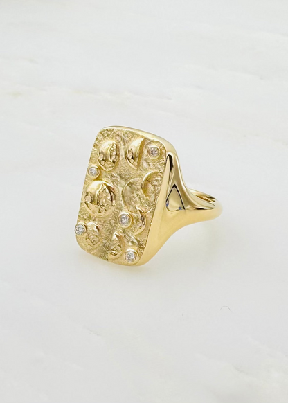 azlee fine jewelry 18k yellow gold New Beginnings Moon Phases Relic Signet diamonds