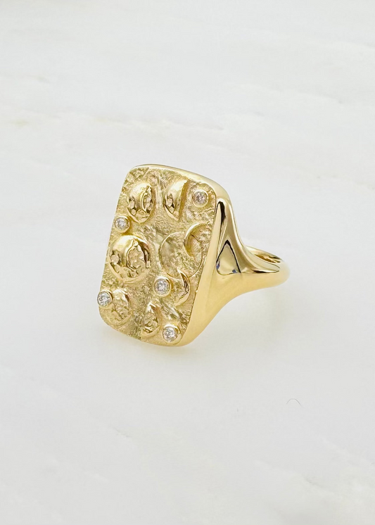 azlee fine jewelry 18k yellow gold New Beginnings Moon Phases Relic Signet diamonds